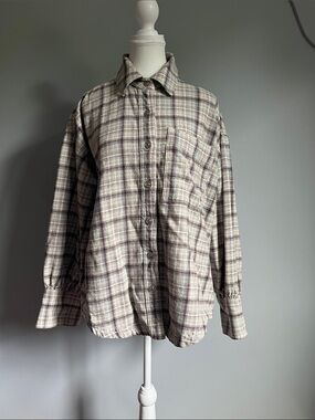 Free People Plaid Button-Up Shirt in Cream and Taupe